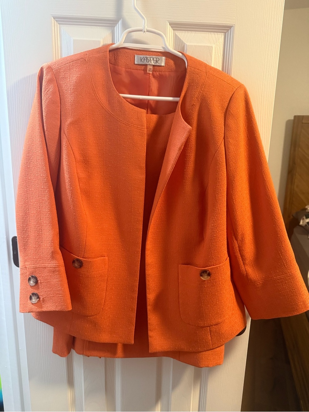 Kasper Bright Orange Collarless Blazer Jacket and Skirt Suit